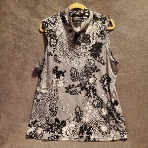 Fashion Bug Sleeveless Mock Neck Black White Floral Print Stretch Top Plus Size